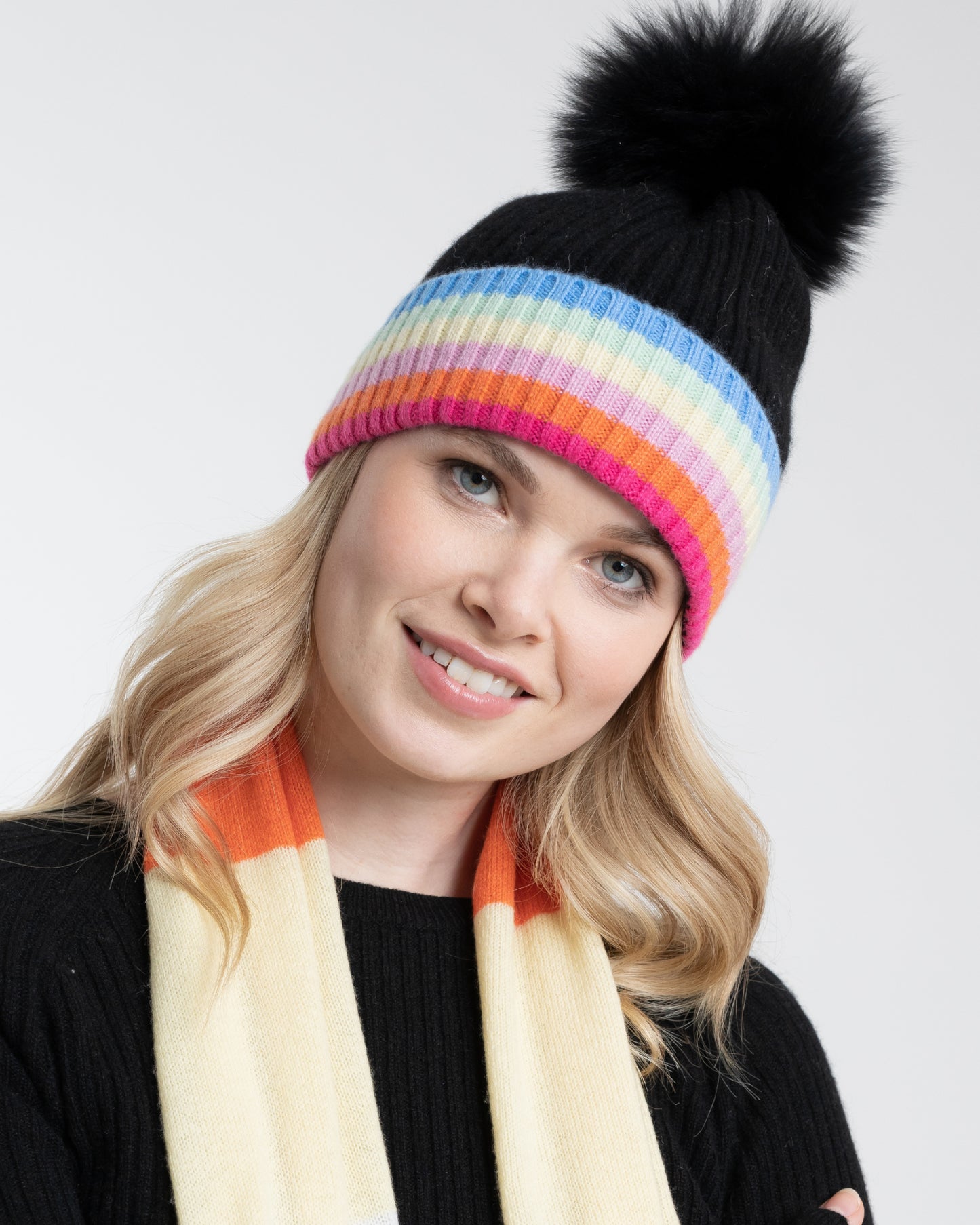 Cashmere Rainbow Tipped Hat w Fox Pom