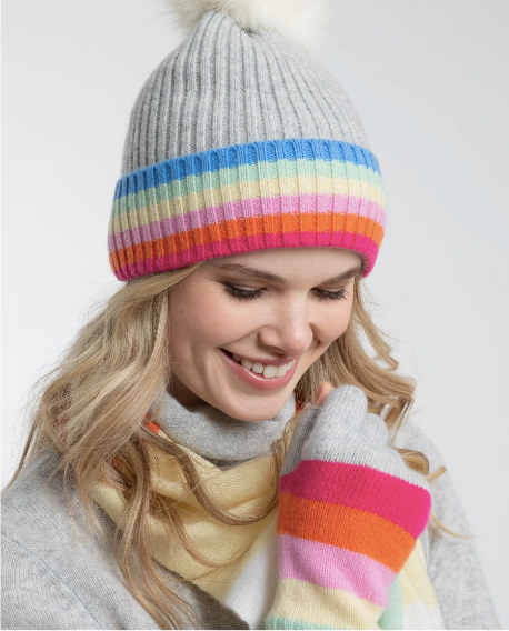Cashmere Rainbow Tipped Hat w Fox Pom